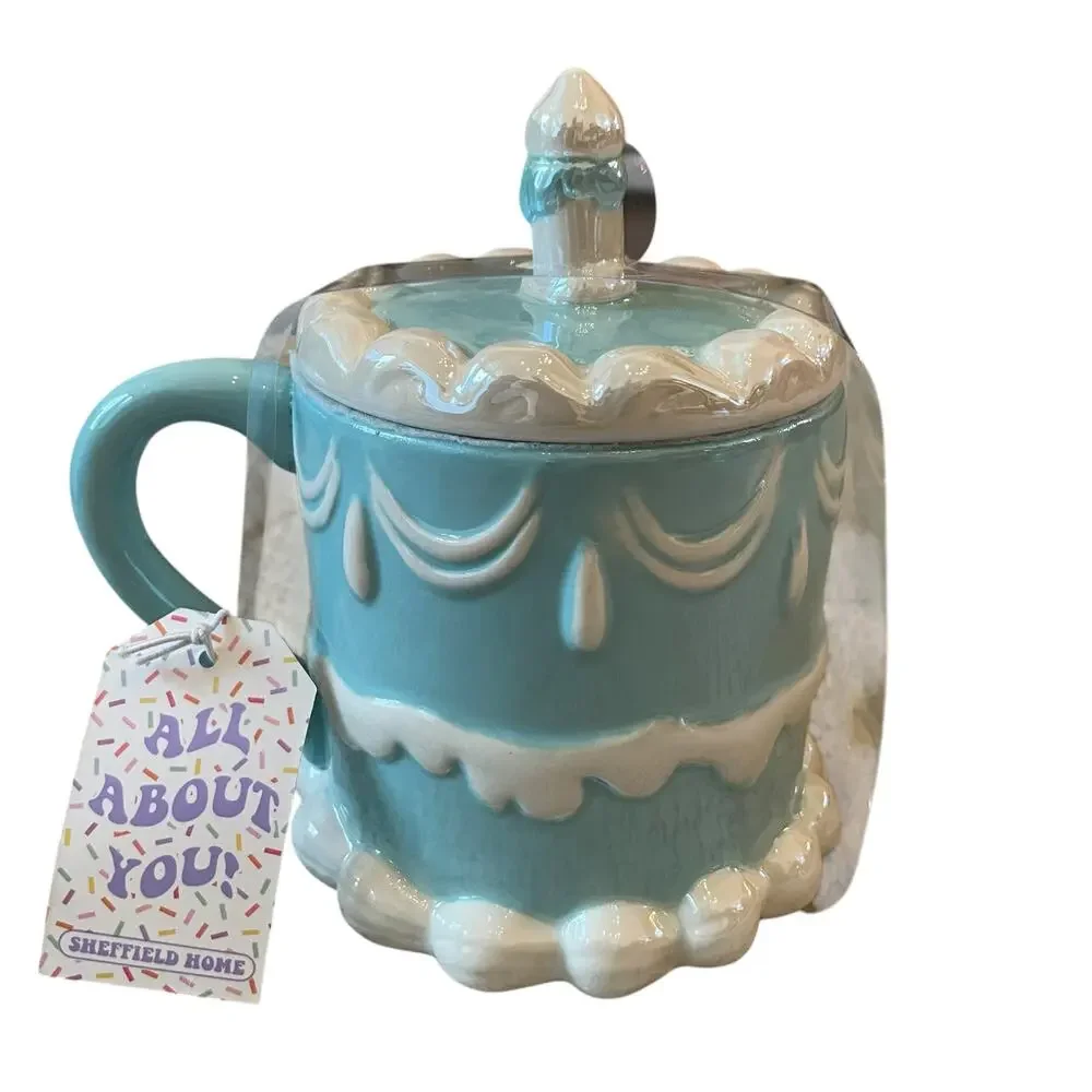 2pc Sheffield Home Hand Painted Blue Happy Birthday Cake Mug with Candle Lid New